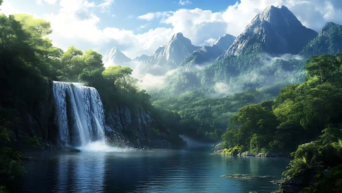 Digital painting of misted rainforest waterfall and peaks.
