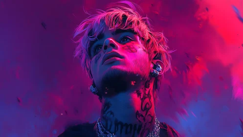 Neon magenta portrait of tattooed youth in cinematic upshot