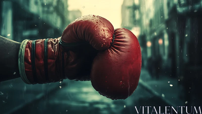 Red Boxing Glove Emerging Through Urban Rain.