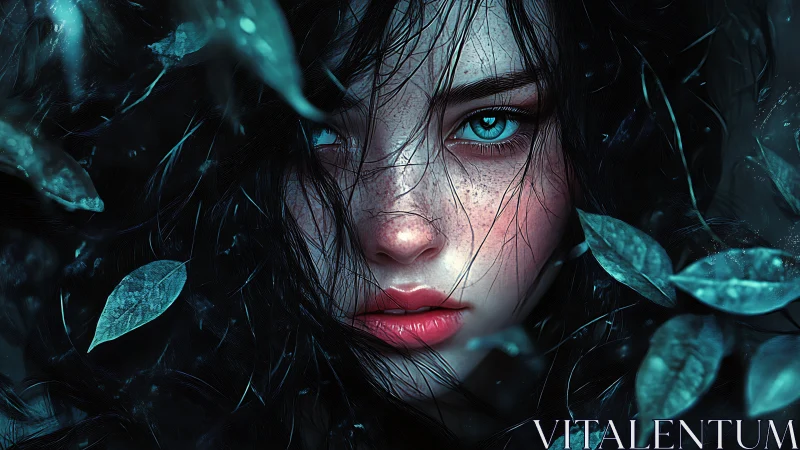 Enchanted teal gaze emerging from shadowed forest veil.