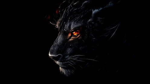 Profile view of black panther with illuminated orange eye.