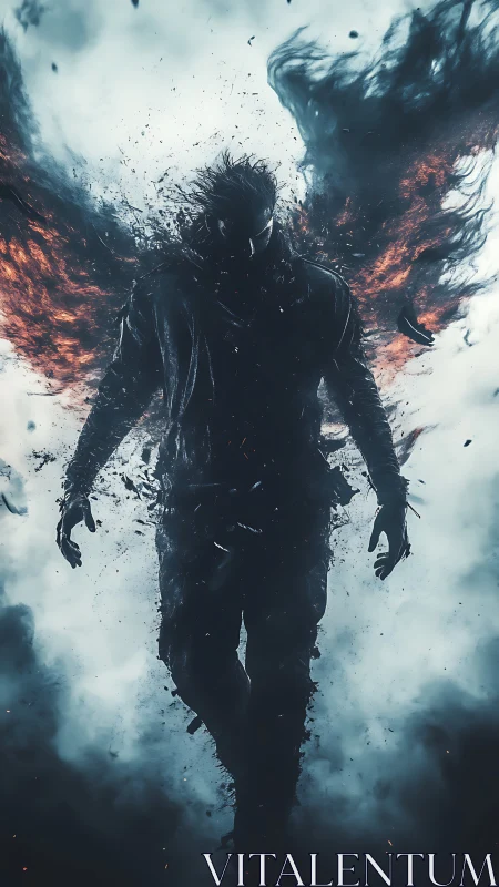 Silhouetted humanoid figure dissolves amid smoke and embers