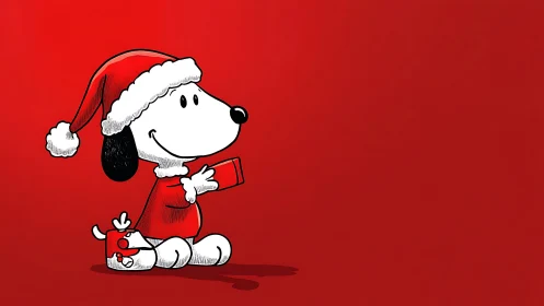 Cartoon beagle in Santa hat with gift on red backdrop.