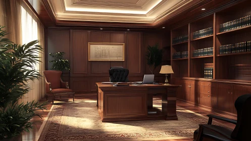 Executive law office rendered with detailed wood panel modeling