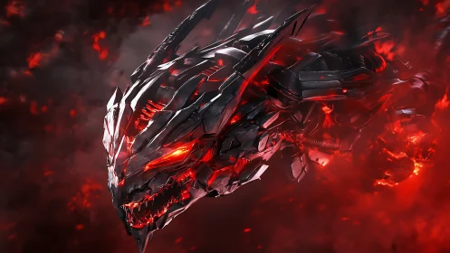 Cybernetic dragon head in red plasma cloud, 3D hard-surface construct.