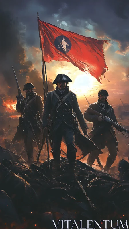 Revolutionary officers advance beneath torn crimson war banner.