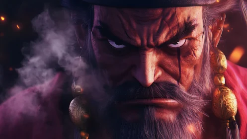 Storm-eyed warlord glowers through embers and battle smoke.