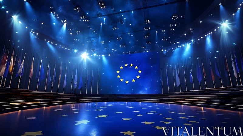 Illuminated European Union stage with flags and blue lights.
