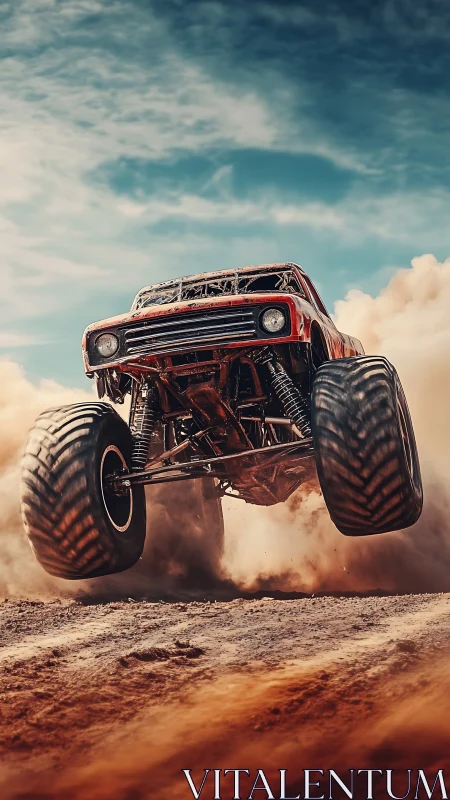 Off-road monster truck captured mid-jump in dynamic dust cloud