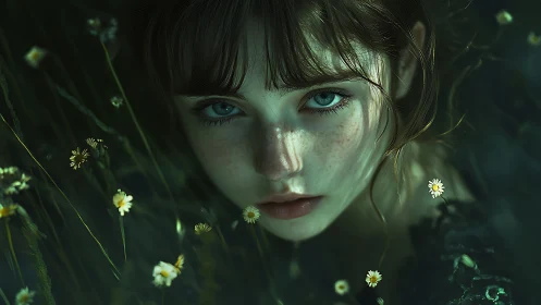 Freckled girl&rsquo;s luminous gaze pierces a shadowed meadow dream
