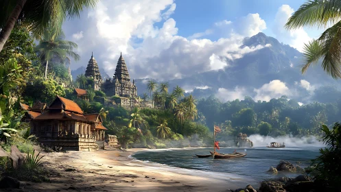 Khmer Temple Architecture in Tropical Monsoon Landscape with Oxbow Lake