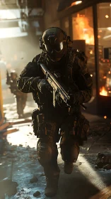 Futuristic tactical soldier advances through burning city street.