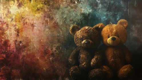 Teddy bear duo rest quietly against a dreamy textured backdrop.