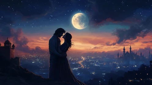 Moonlit Embrace Above Illuminated City Skyline.