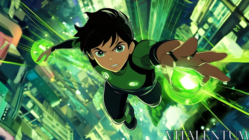 Neon sky sprint: young hero rockets through emerald grids.