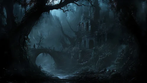 Gothic ruin in moonlit forest with arched bridge composition.