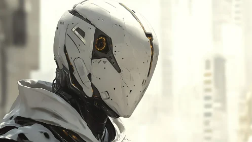 White urban android portrait with glowing amber optics.