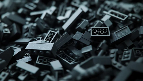 Close view of scattered dark plastic building bricks.