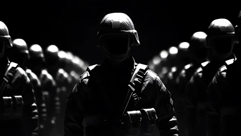 Silhouetted armored soldiers aligned in dark formation.