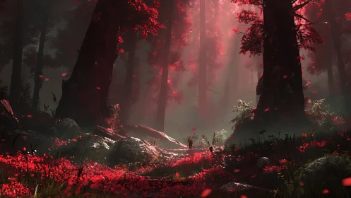 Volumetric crimson forest with cinematic god rays and bloom.
