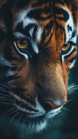 Tiger gaze carves molten focus through jungle twilight hush