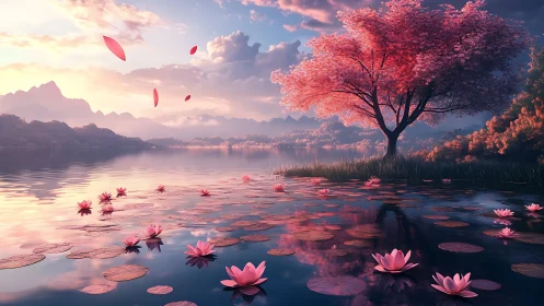 Serene lotus lake beneath radiant cherry blossom dusk.