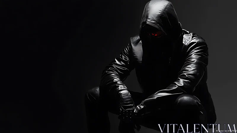 Hooded cyber figure in glossy black leather, red-lit gaze.