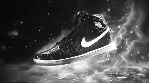 Black high-top sneaker amid swirling smokey glow.