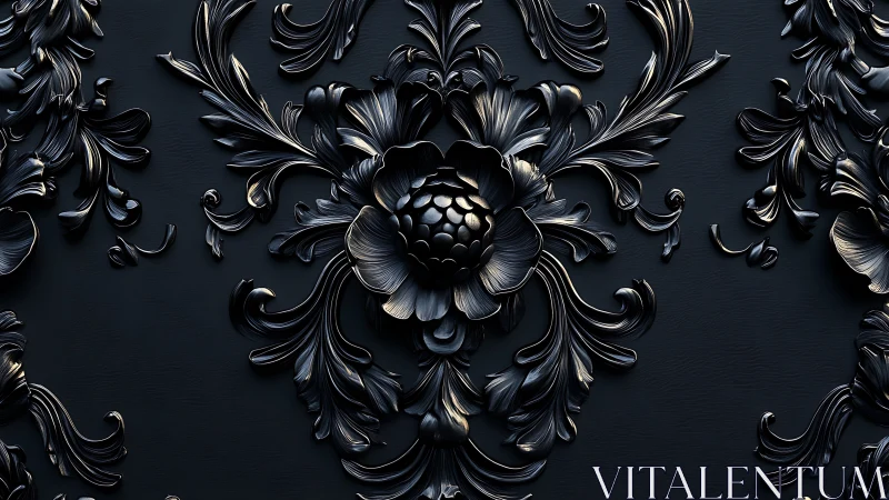 Dark baroque floral relief forms ornate symmetrical surface