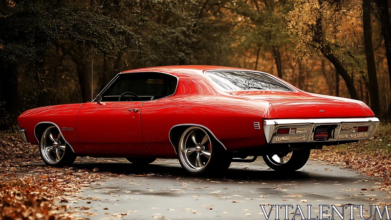 Classic red muscle car glowing on a quiet autumn road.