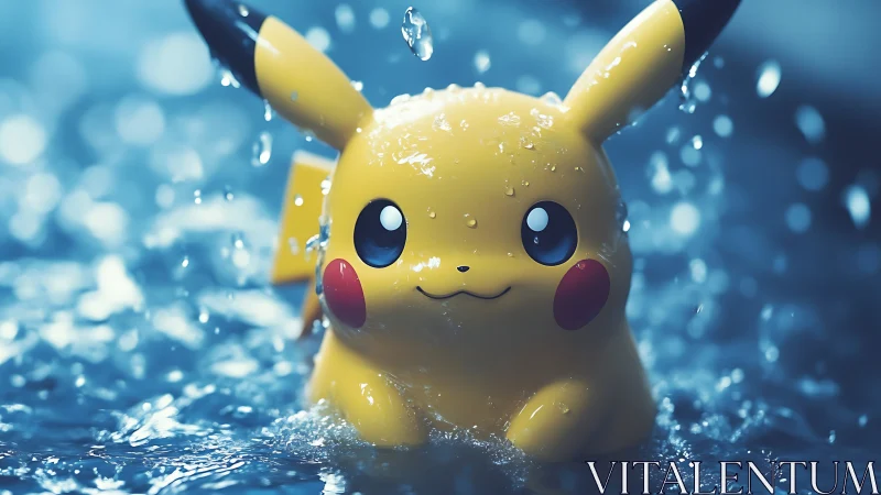 Playful yellow creature splashes in glowing blue rain