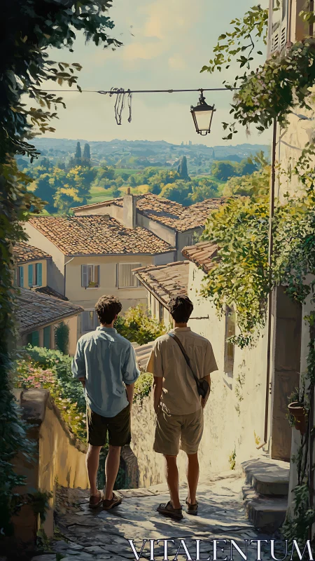 Two friends wander a sunlit hillside village at golden hour