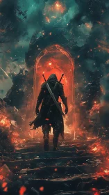 Hooded swordsman ascending stone steps toward fiery portal.