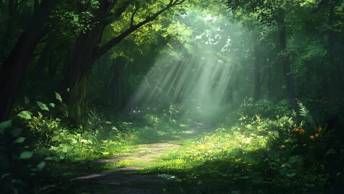 Sunlit forest path with dense foliage and filtered light.