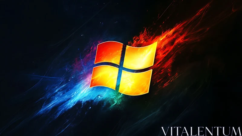 Windows-style luminous logo over bifurcated fire ice streaks.