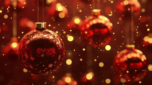 Red glass Christmas bauble glows amid golden bokeh lights