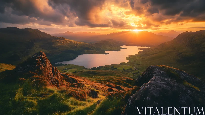 Sunset-illuminated highland valley with lake and cloud drama.