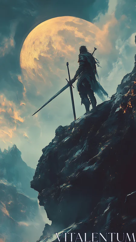 Solitary cloaked swordsman stands on jagged cliff below moon