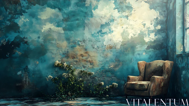 Weathered armchair beside cloudy teal painted wall.