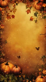 Autumn pumpkins and falling leaves on warm orange background.