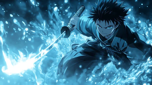 Sword-wielding anime warrior channels dynamic blue energy surge