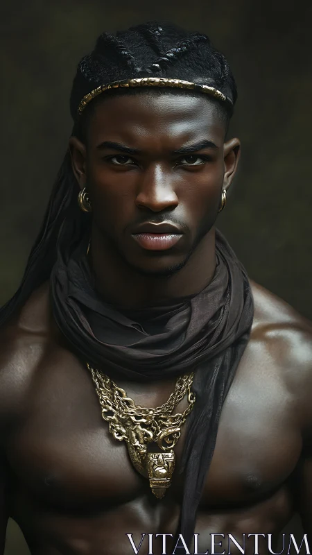 Bronze-lit warrior gazes forward, crowned in braided gold