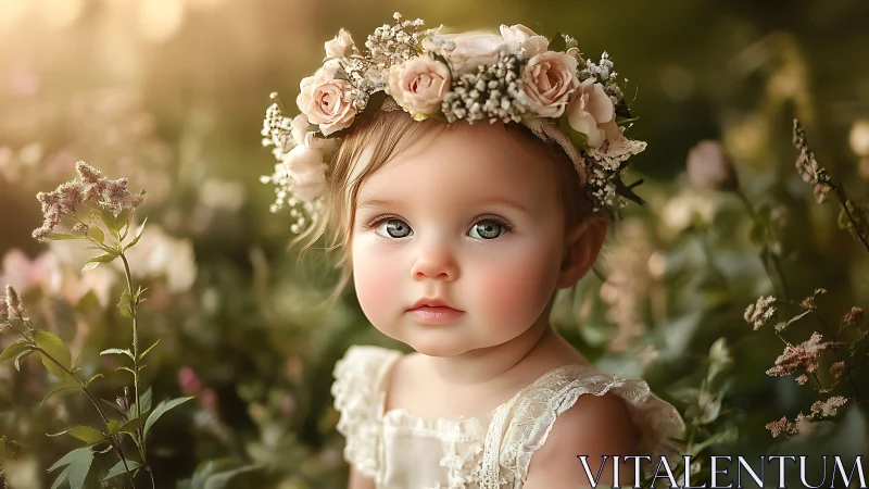 Digital portrait of young child with floral crown in atmospheric garden setting.