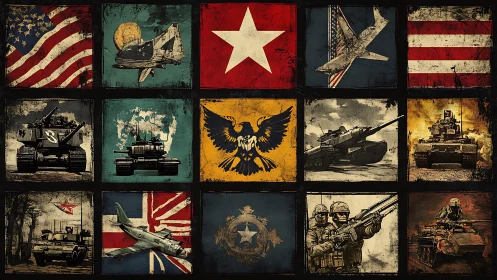Military icon grid with tanks, jets and distressed flags.