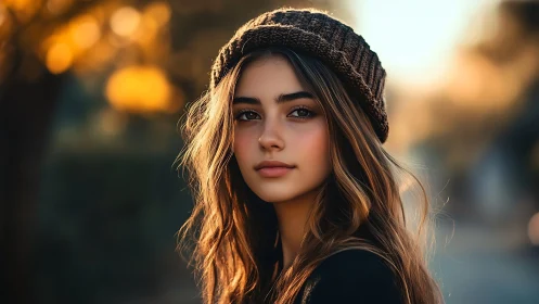 Portrait of young woman in knit hat at golden hour
