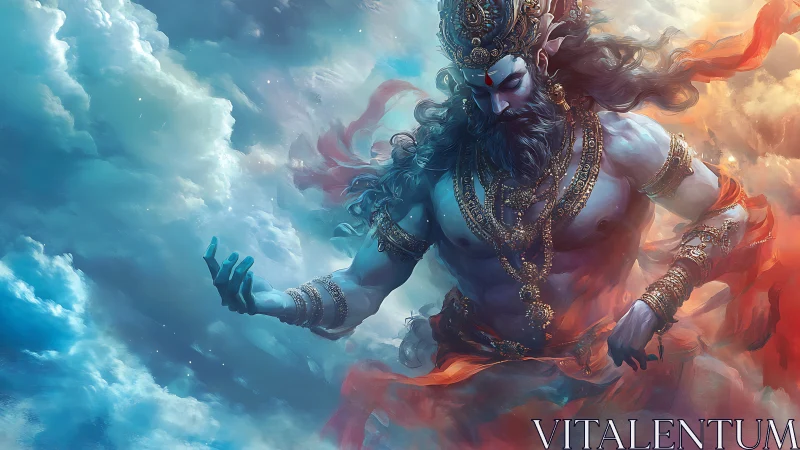 Celestial blue-skinned deity amid turbulent chromatic clouds