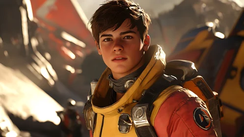 Young space explorer in yellow suit on sci fi outpost.