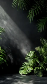 Directional light sculpts tropical foliage against matte wall