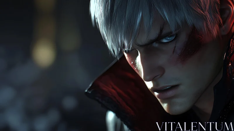 White haired male character glares with scarred face in closeup