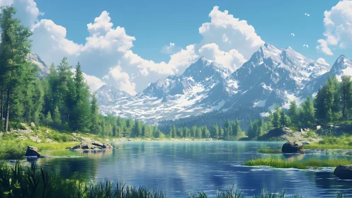 Snowcapped mountain lake reflects dense pine forest